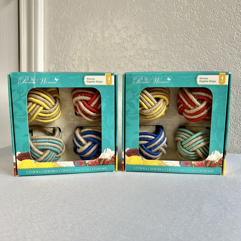 LOT (8pc) Pioneer Woman Napkin Rings Woven Red Yellow Blue Teal New 2 Boxes